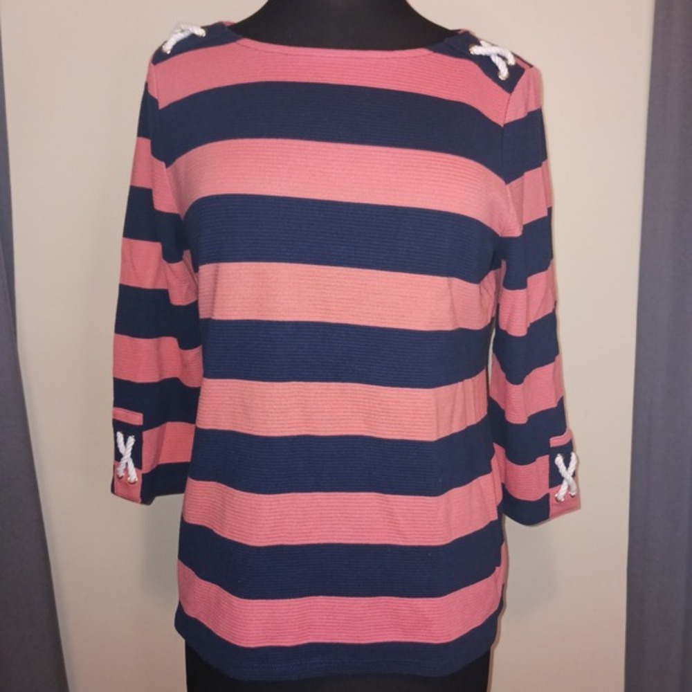 Charter Club Nautical Preppy Striped 1/2 Rope detail sleeve Top Coral Navy M